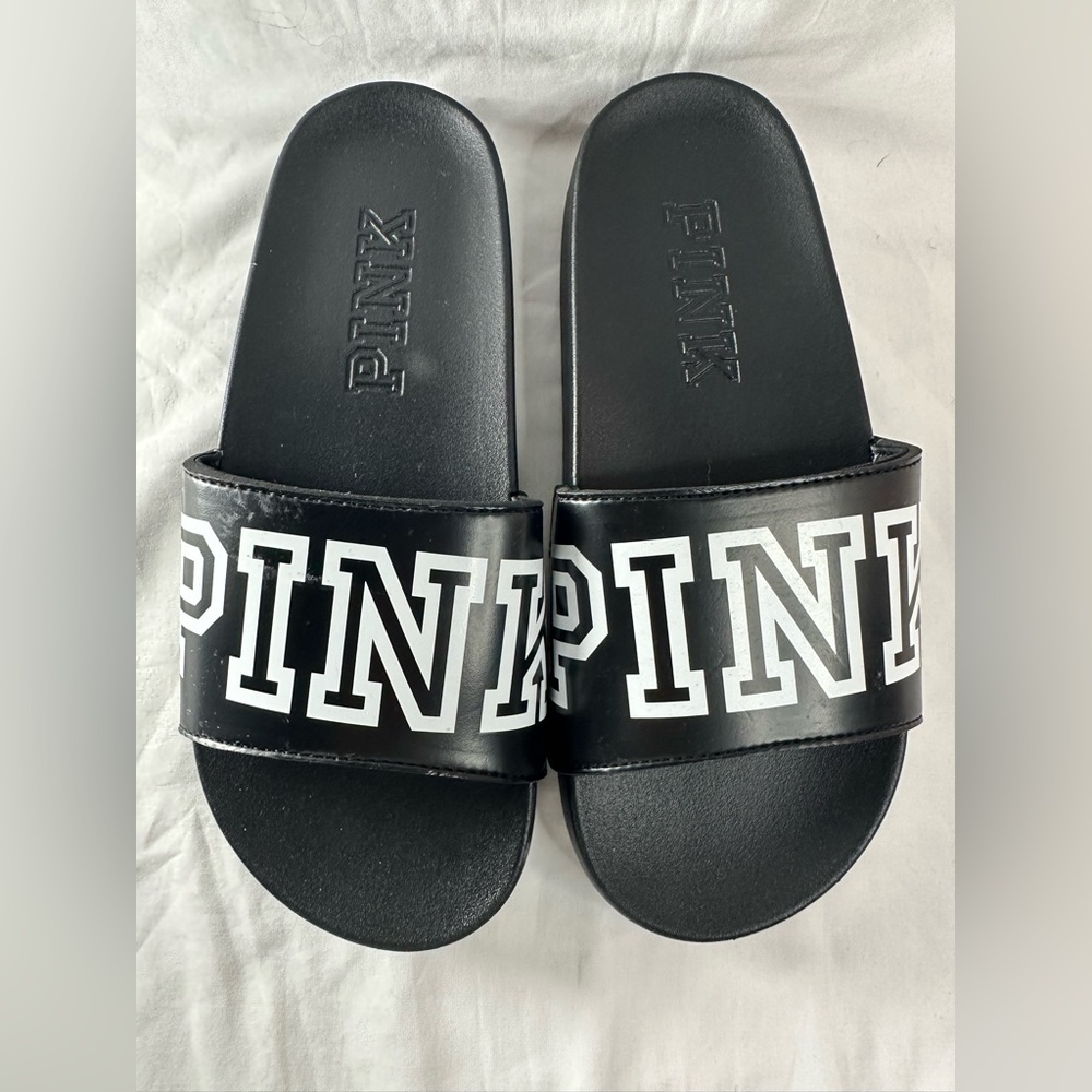 VS PINK Slides All Black Slip On Sports Lounge House Slippers Sandals Sz Small